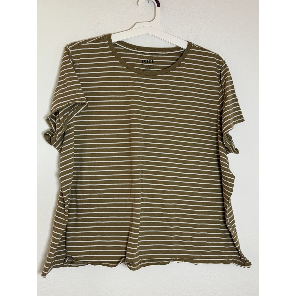 Pact Organic Cotton Striped Short Sleeve Tee Olive Green White XXL
